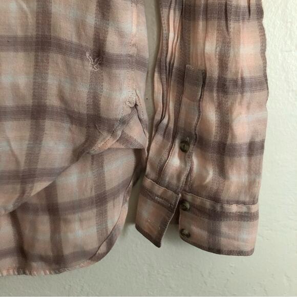 American Eagle AEO Soft Light Pink Brown Plaid Flannel Button Up Shirt Top - Picture 3 of 7